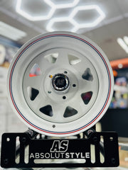 14” A-LINE 8 SPOKE WHITE RED/ BLUE STRIPE 5/114 for 7 seaters
