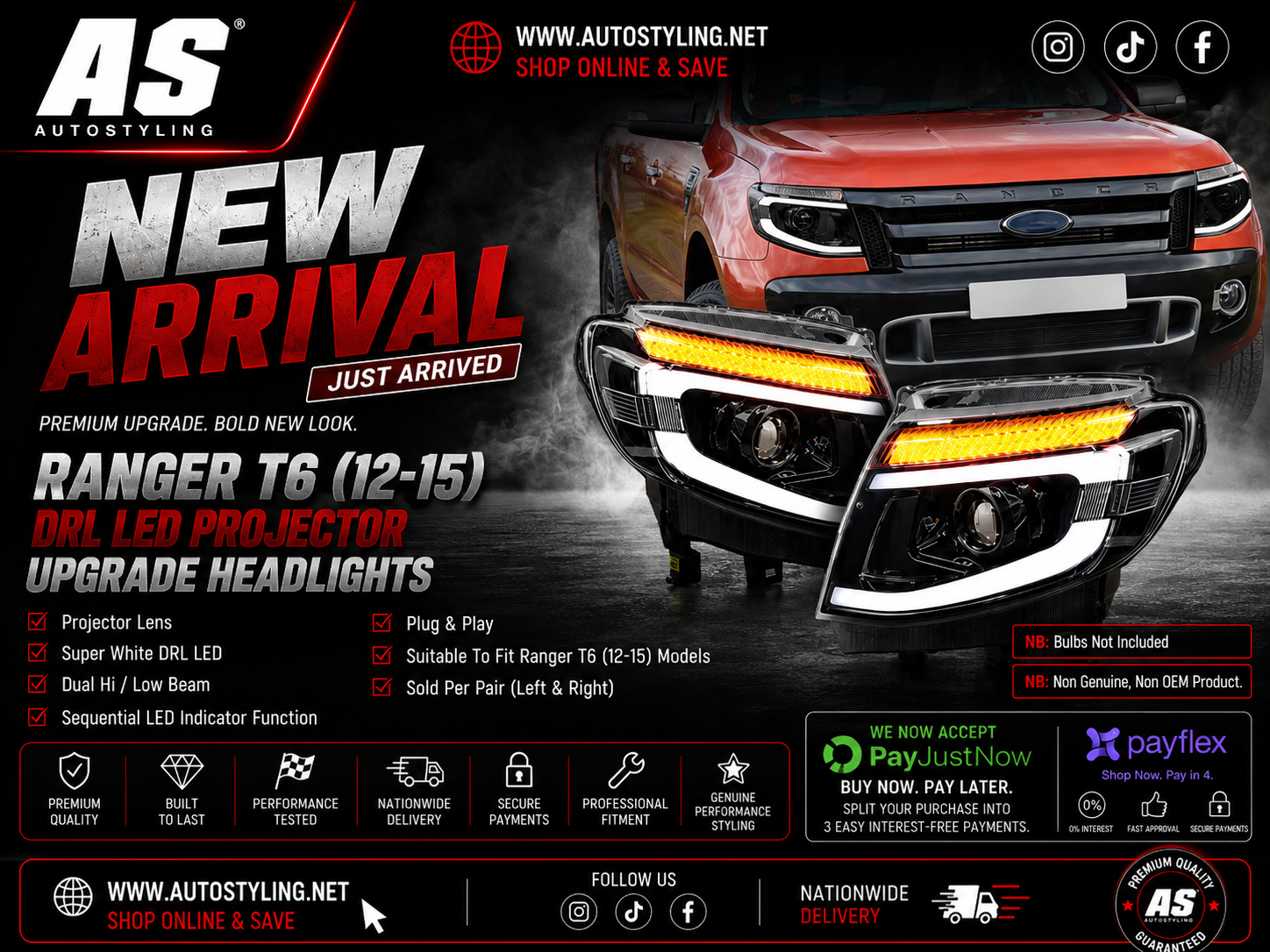SUITABLE TO FIT - RANGER T6 (12-15) DRL LED PROJECTOR UPGRADE HEADLIGHTS - Autostyling Klerksdorp