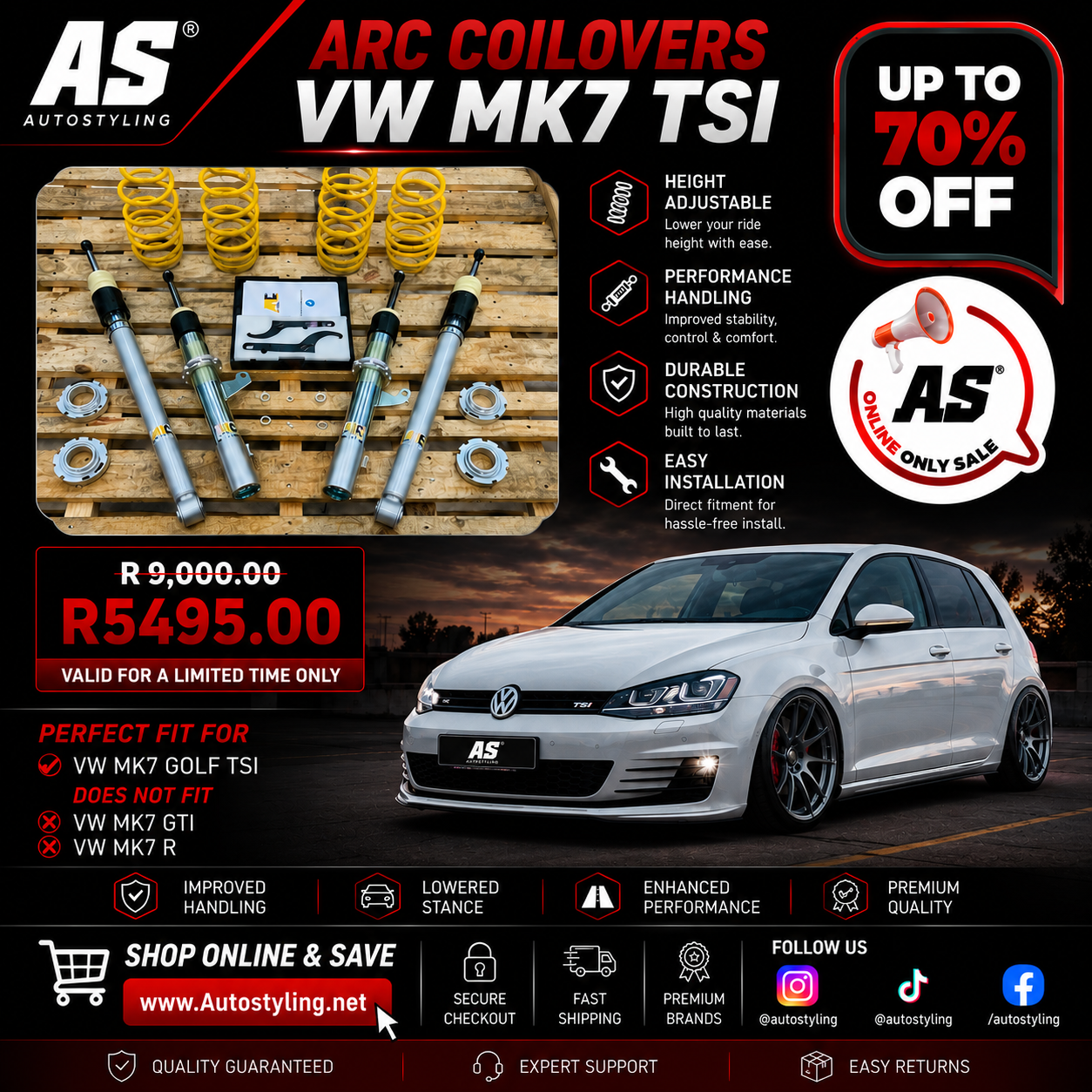 ARC COILOVERS VW MK7 TSI 50mm strut - Autostyling Klerksdorp
