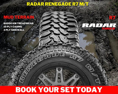 20” 33x12.5 RADAR RENEGADE R7 MUD TERRAIN WHITE LETTER TYRES SOLD IN SET OF 4