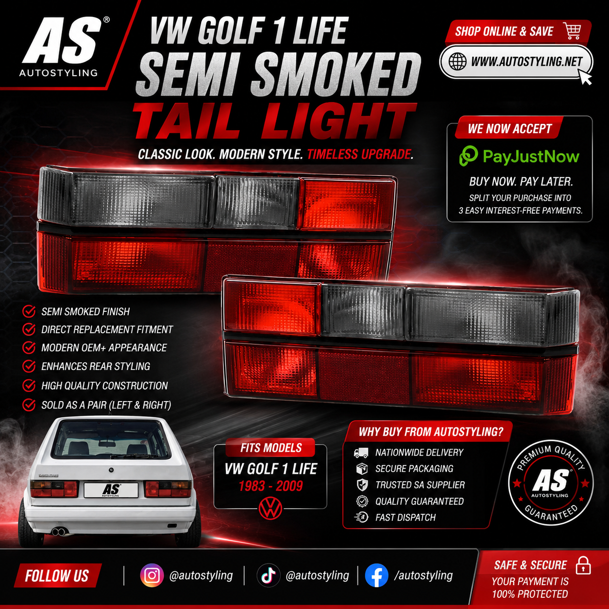 VW GOLF 1 LIFE SEMI SMOKED TAIL LIGHTS - Autostyling Klerksdorp