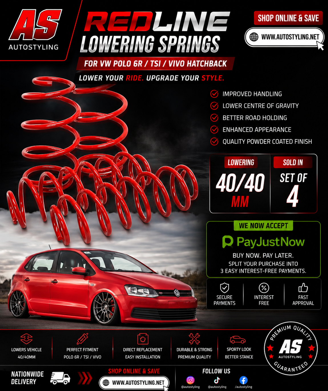 REDLINE LOWERING SPRINGS FOR VW POLO 6r / TSI / VIVO HATCHBACK - Autostyling Klerksdorp