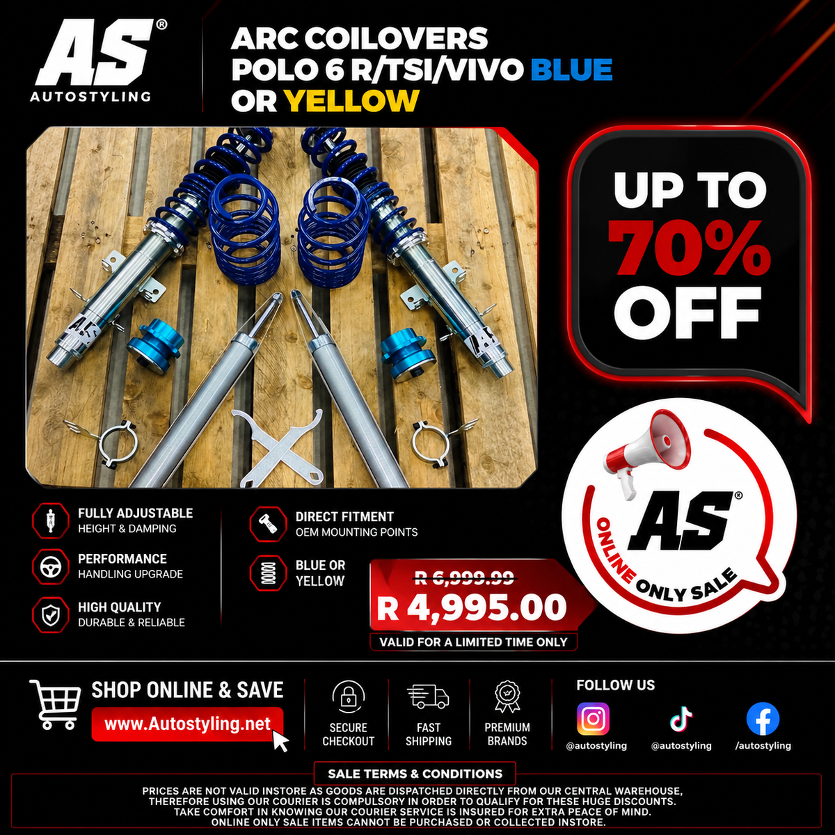 ARC COILOVERS VW POLO 6 R/TSI/VIVO  BLUE OR YELLOW ( NOT 9N ) - Autostyling Klerksdorp