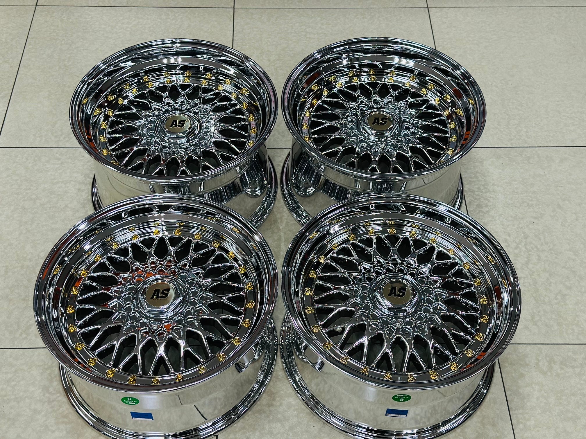 17” AS® Mesh chrome 4x100 & 5x100 10j rear GOLD STUDS