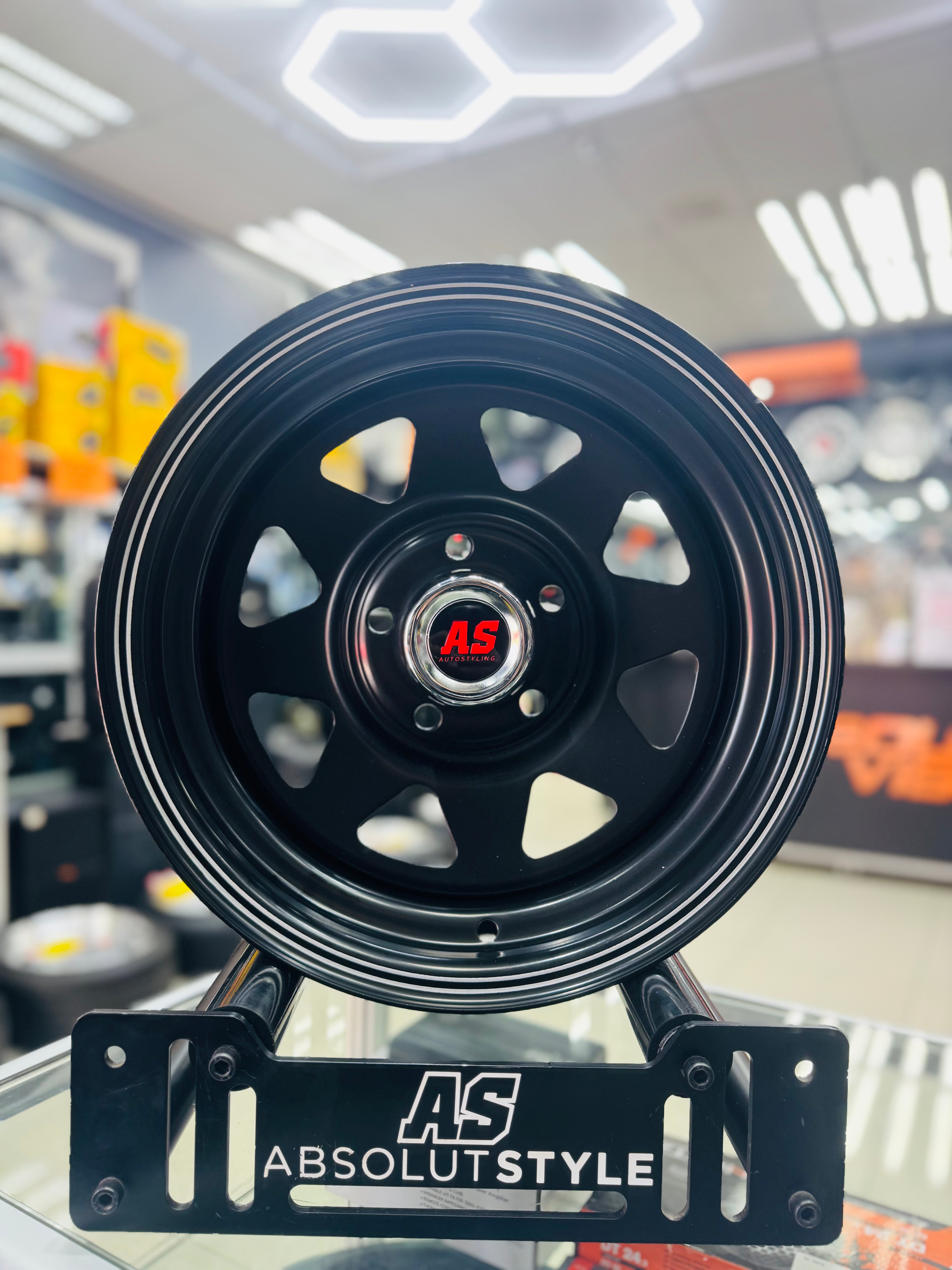 14” A-LINE 8 SPOKE BLACK SILVER STRIPE 5/114 ( 7 seaters )