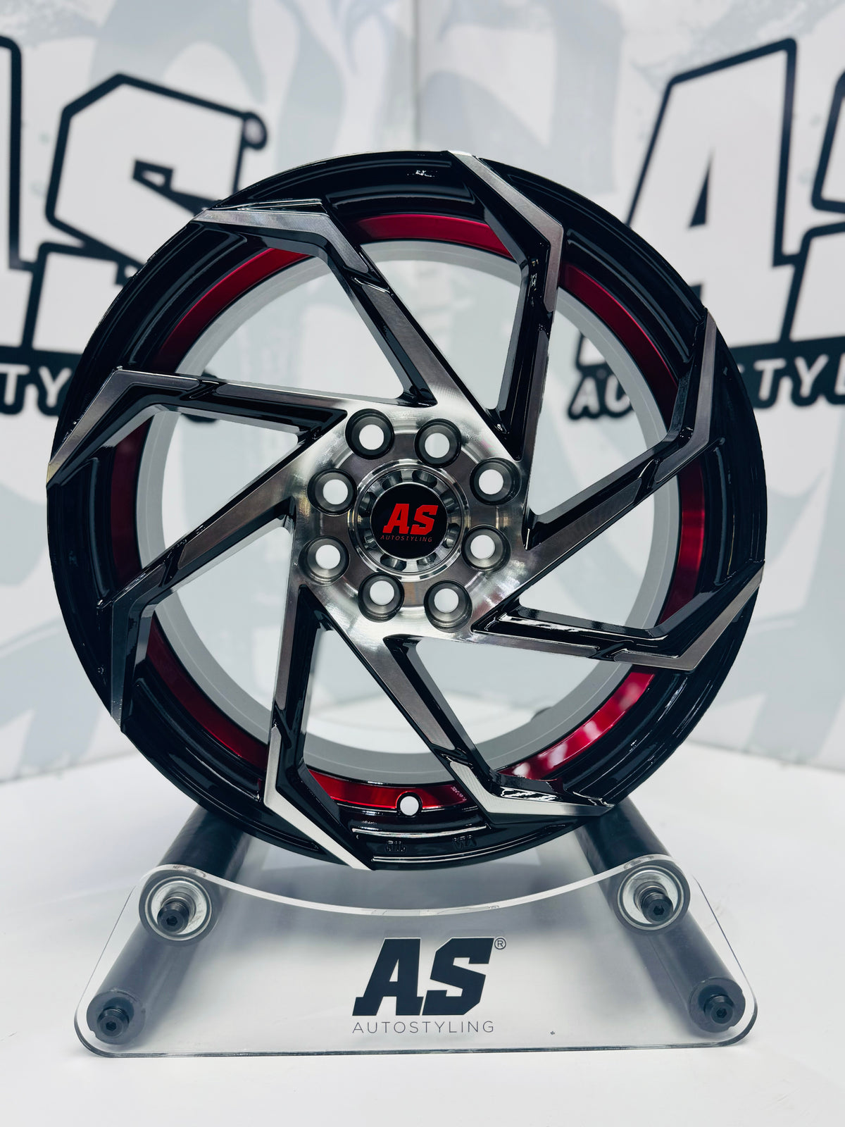 15” M8966 4x100 4x114  Machine black /red - Autostyling Klerksdorp