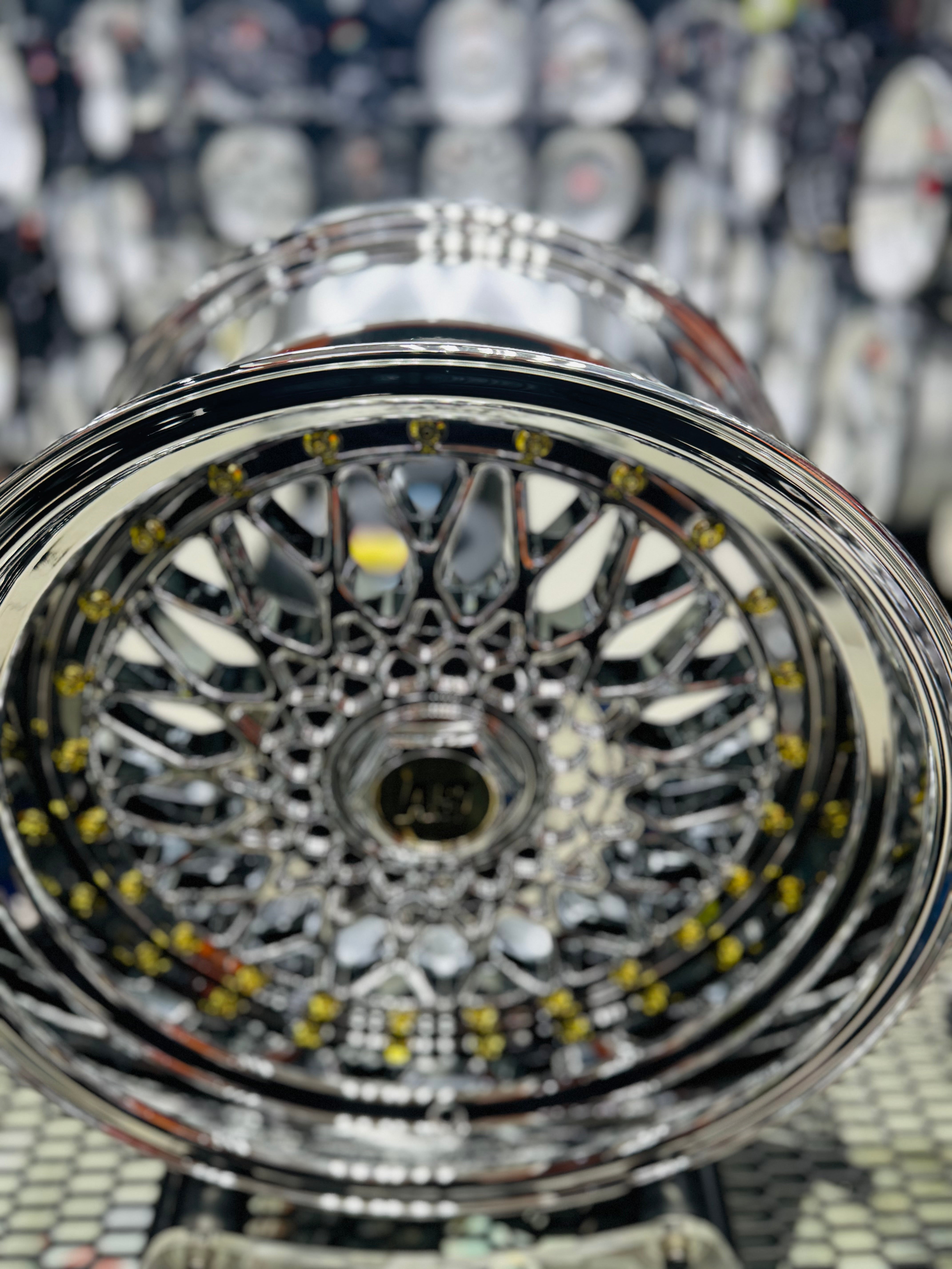 17” AS® Mesh chrome 4x100 & 5x100 10j rear GOLD STUDS - Autostyling Klerksdorp