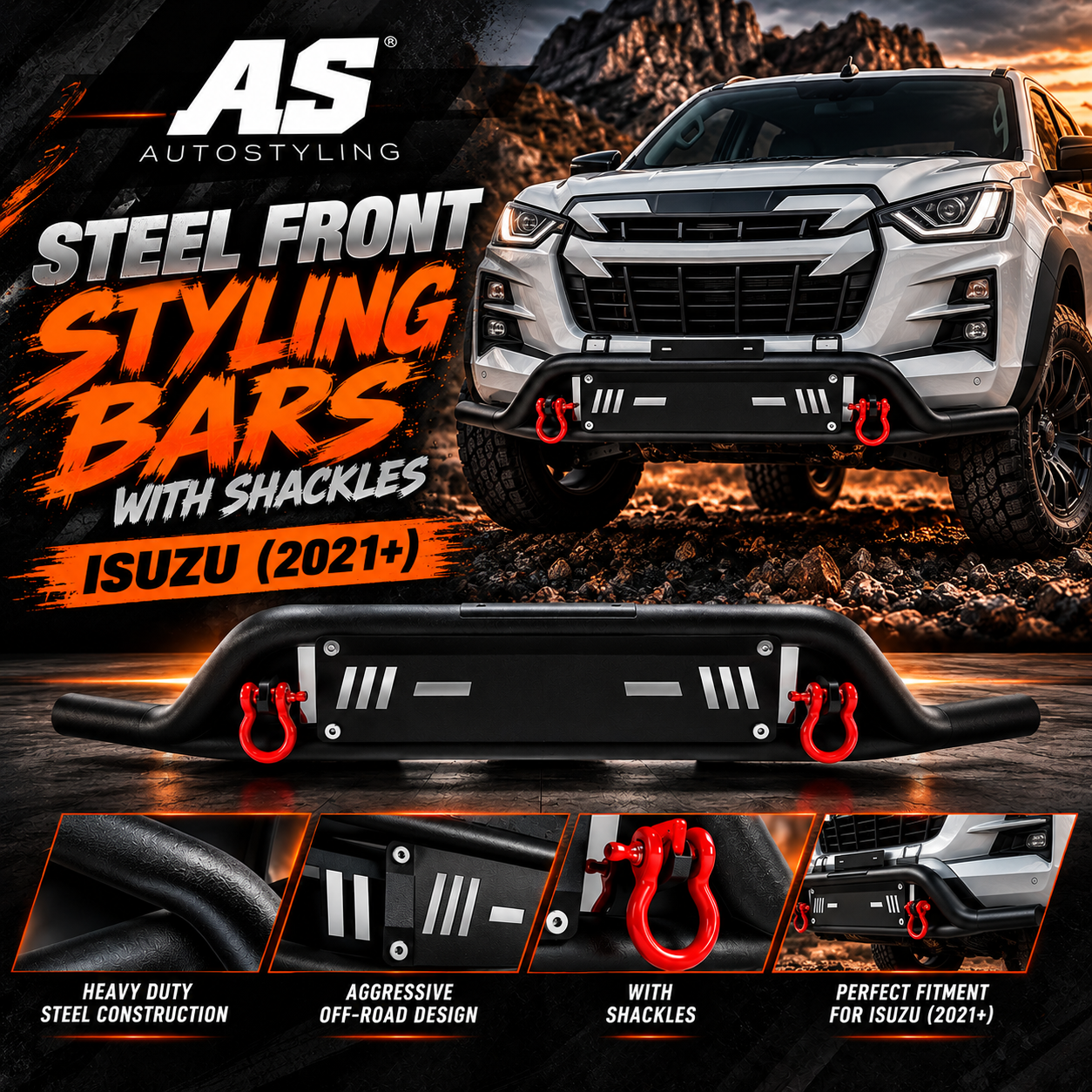 ISUZU 2021+ BUMPER GUARD / NUDGE BAR / STYLING BAR BLACK with red shackles - Autostyling Klerksdorp