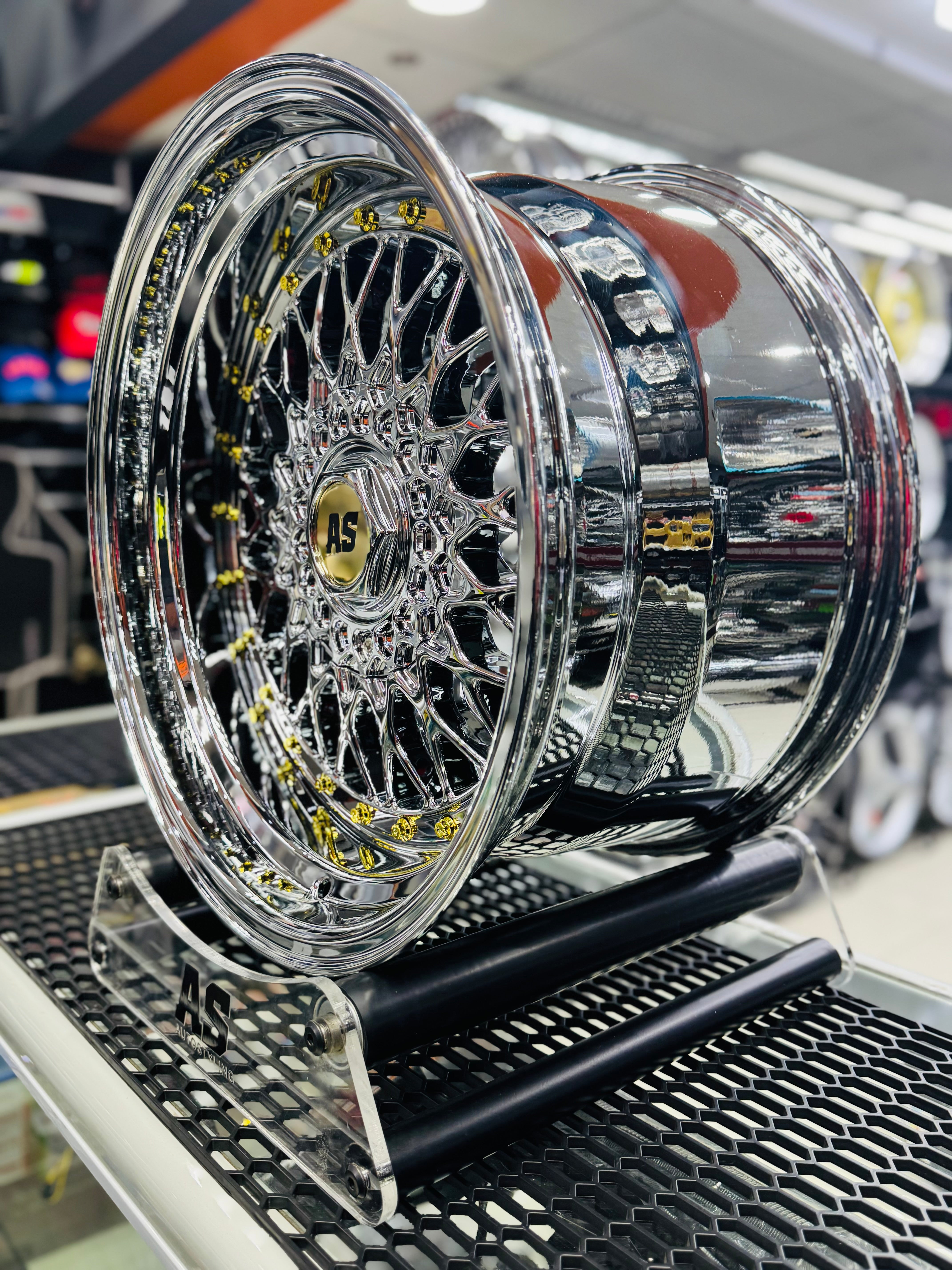 17” AS® Mesh chrome 4x100 & 5x100 10j rear GOLD STUDS - Autostyling Klerksdorp