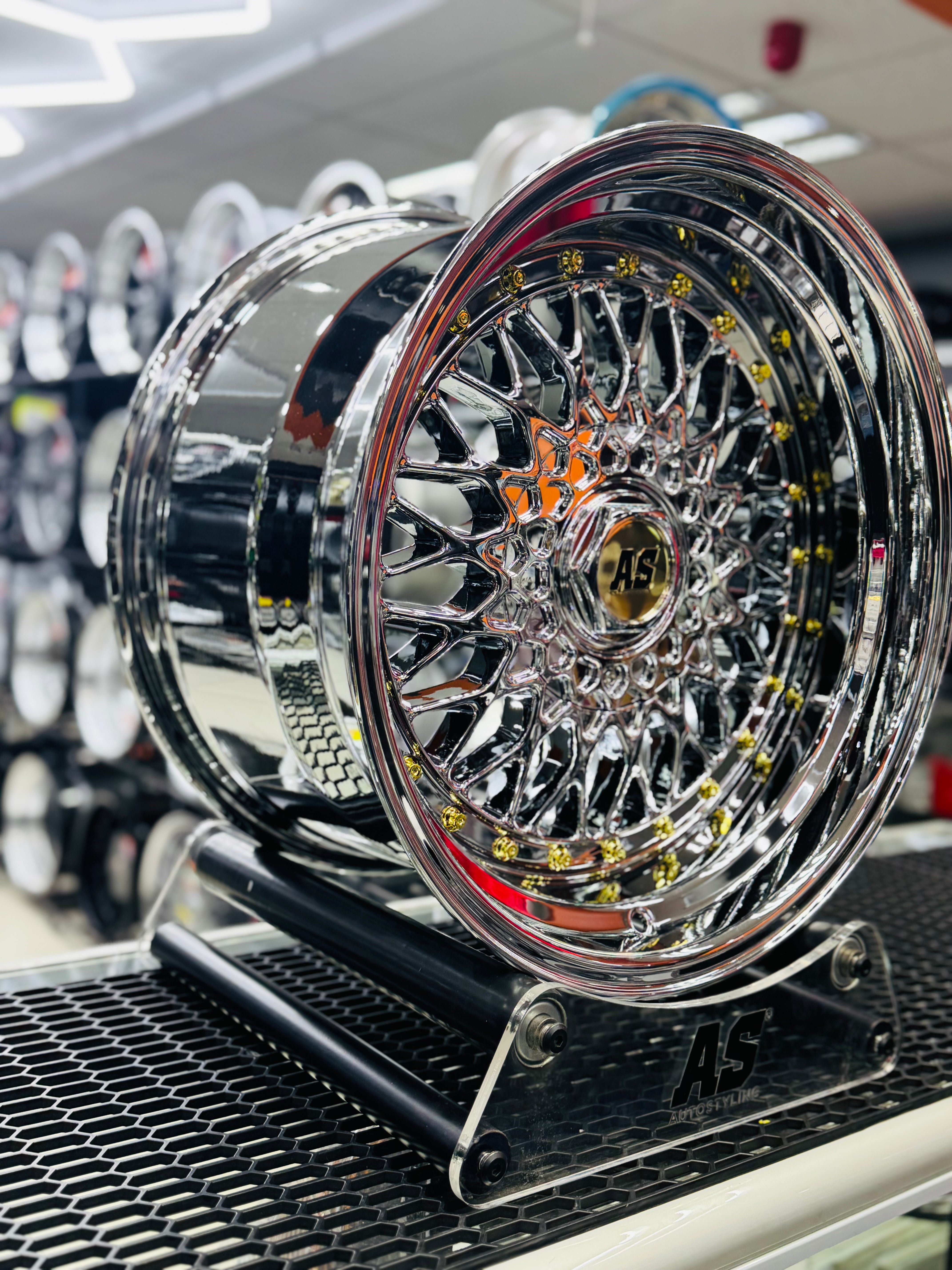 17” AS® Mesh chrome 4x100 & 5x100 10j rear GOLD STUDS - Autostyling Klerksdorp
