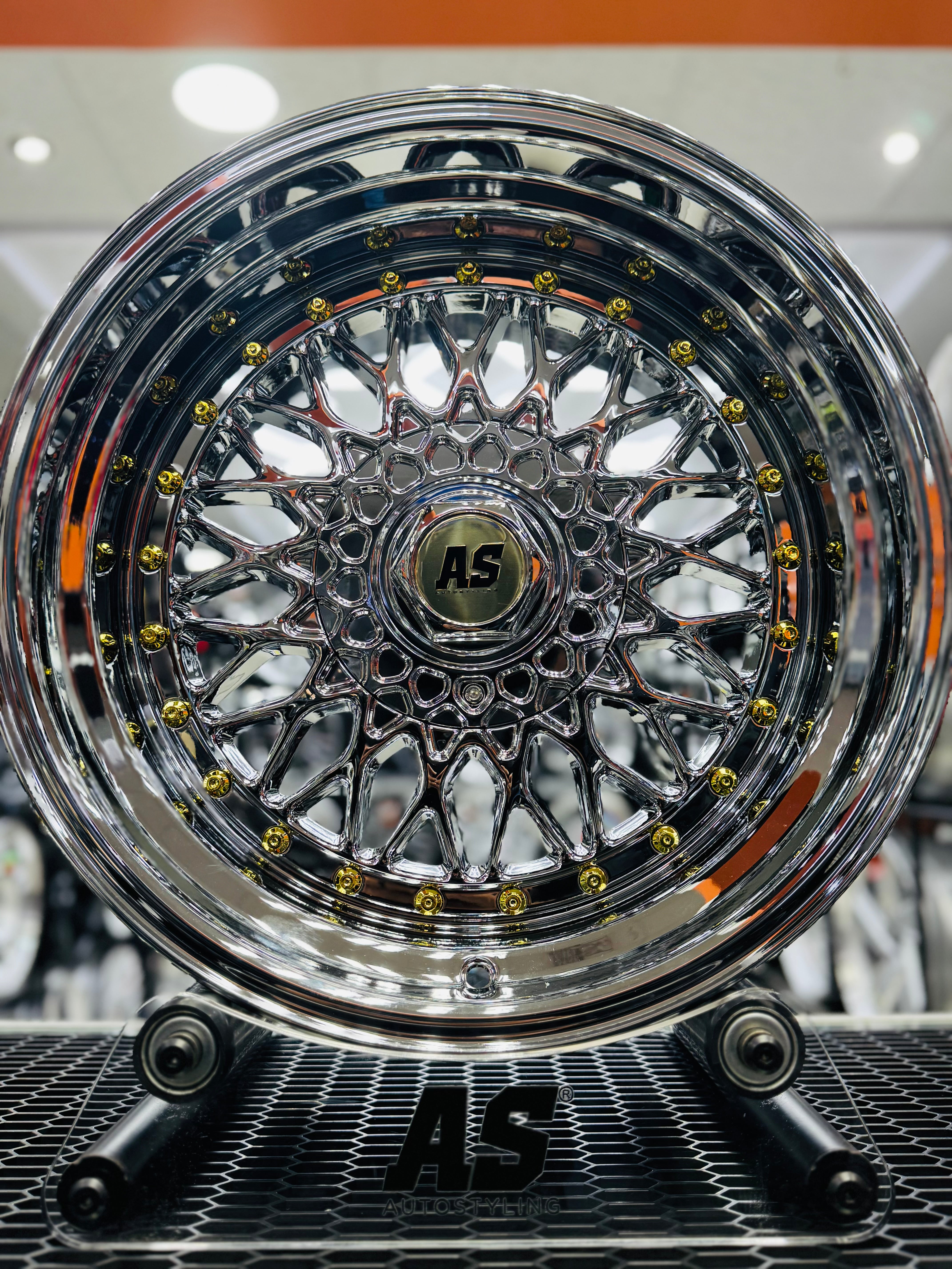 17” AS® Mesh chrome 4x100 & 5x100 10j rear GOLD STUDS - Autostyling Klerksdorp