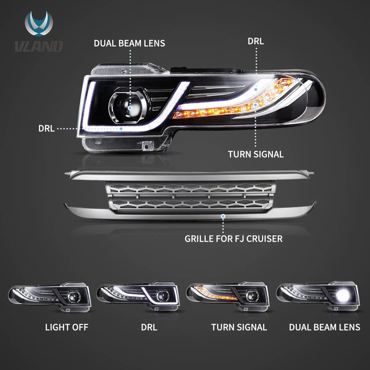 VLAND TOYOTA FJ CRUISER 2007-2015 LED HEADLIGHT WITH GRILL
