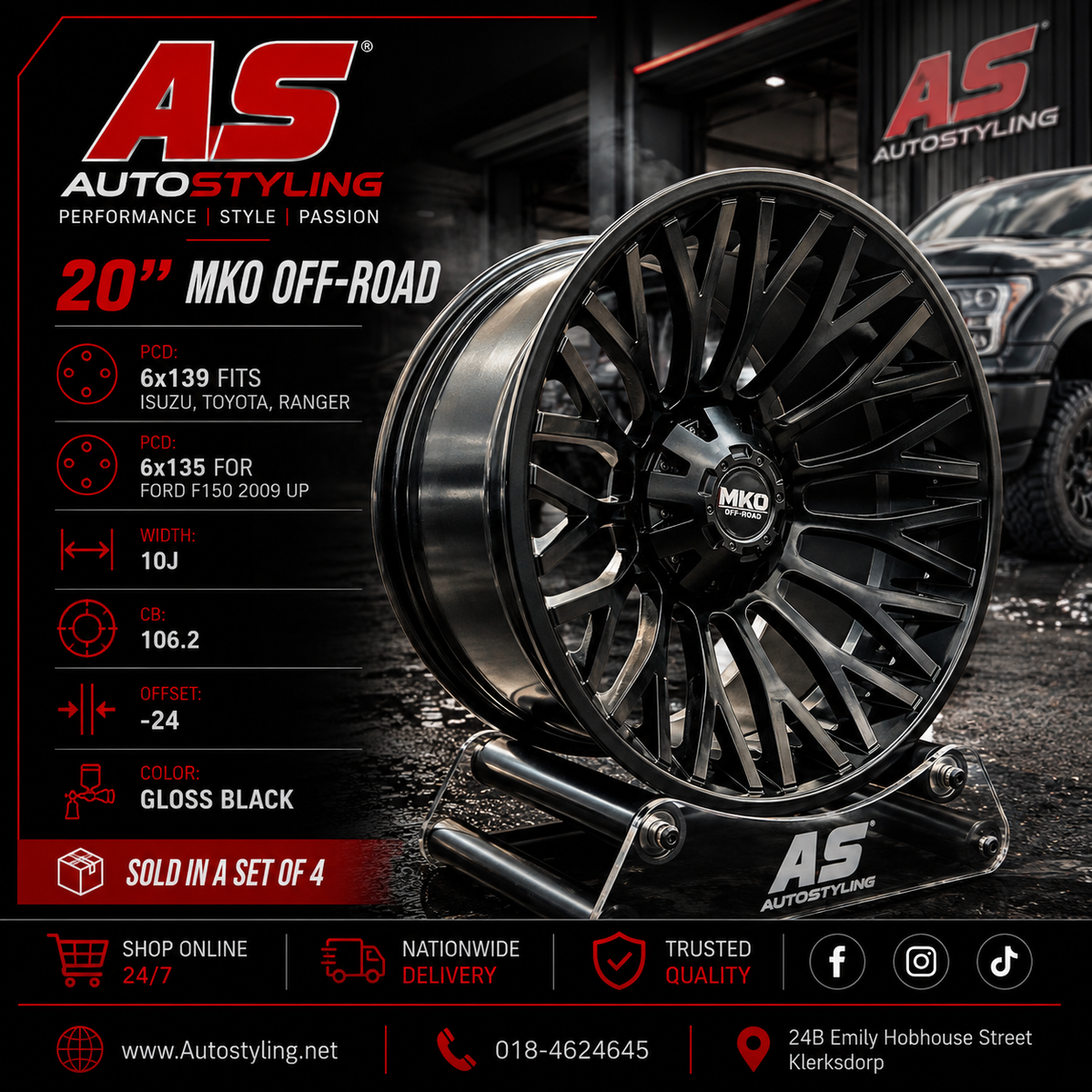 20” MKO OFF-ROAD AS-F661014 20X10J GLOSS Matt black bakkie 4x4 rims