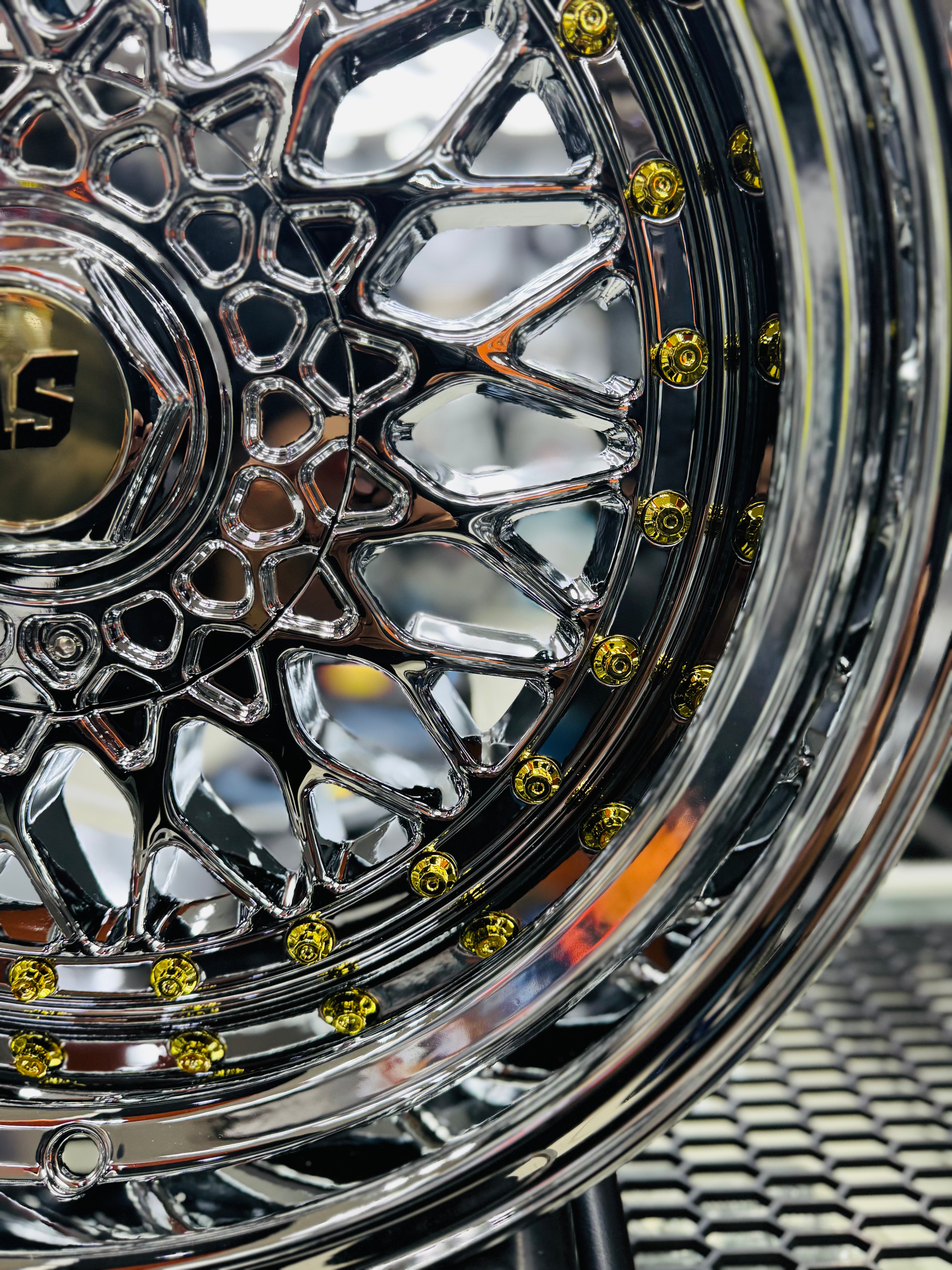 17” AS® Mesh chrome 4x100 & 5x100 10j rear GOLD STUDS - Autostyling Klerksdorp