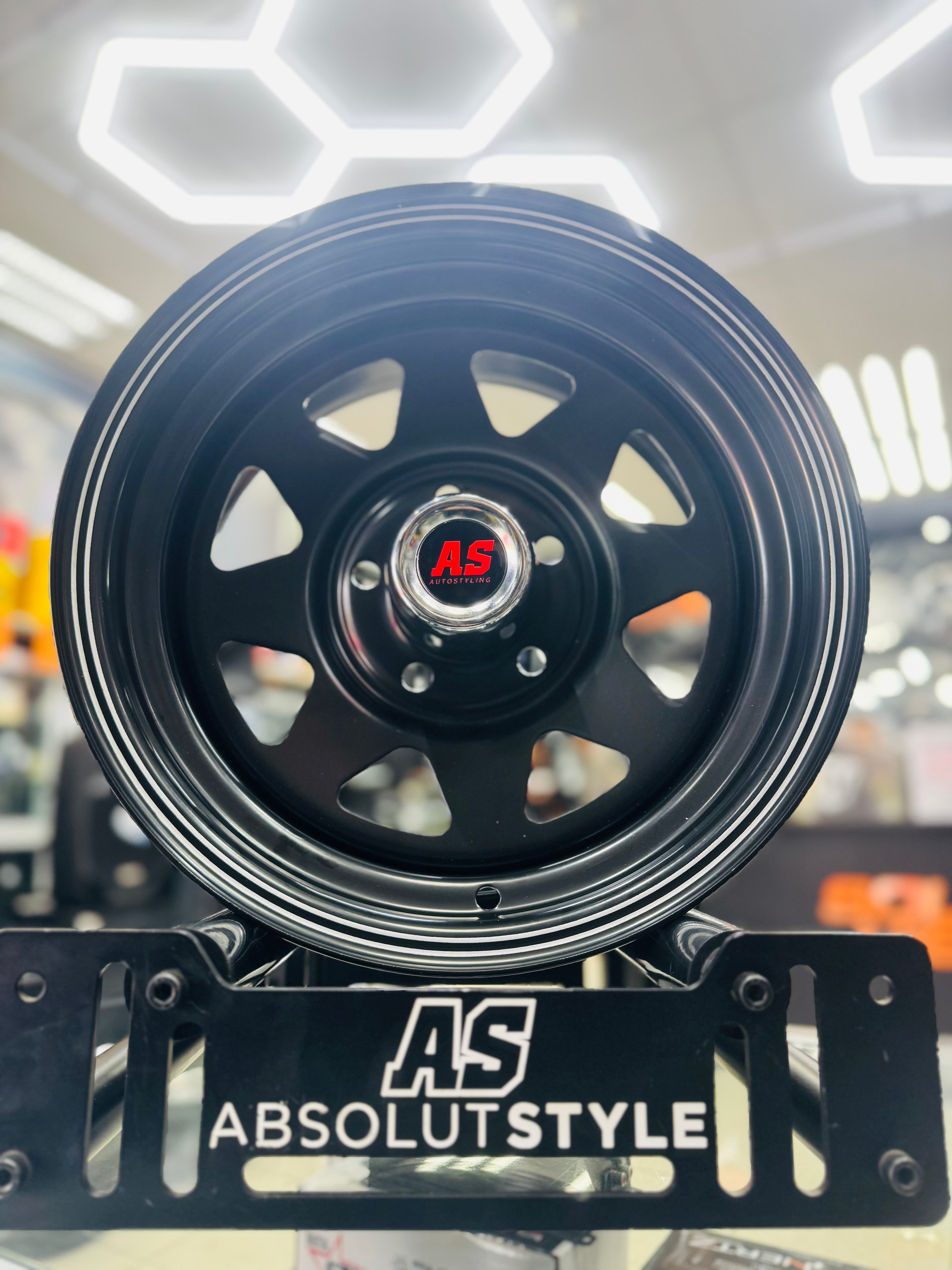 14” A-LINE 8 SPOKE BLACK SILVER STRIPE 5/114 ( 7 seaters )