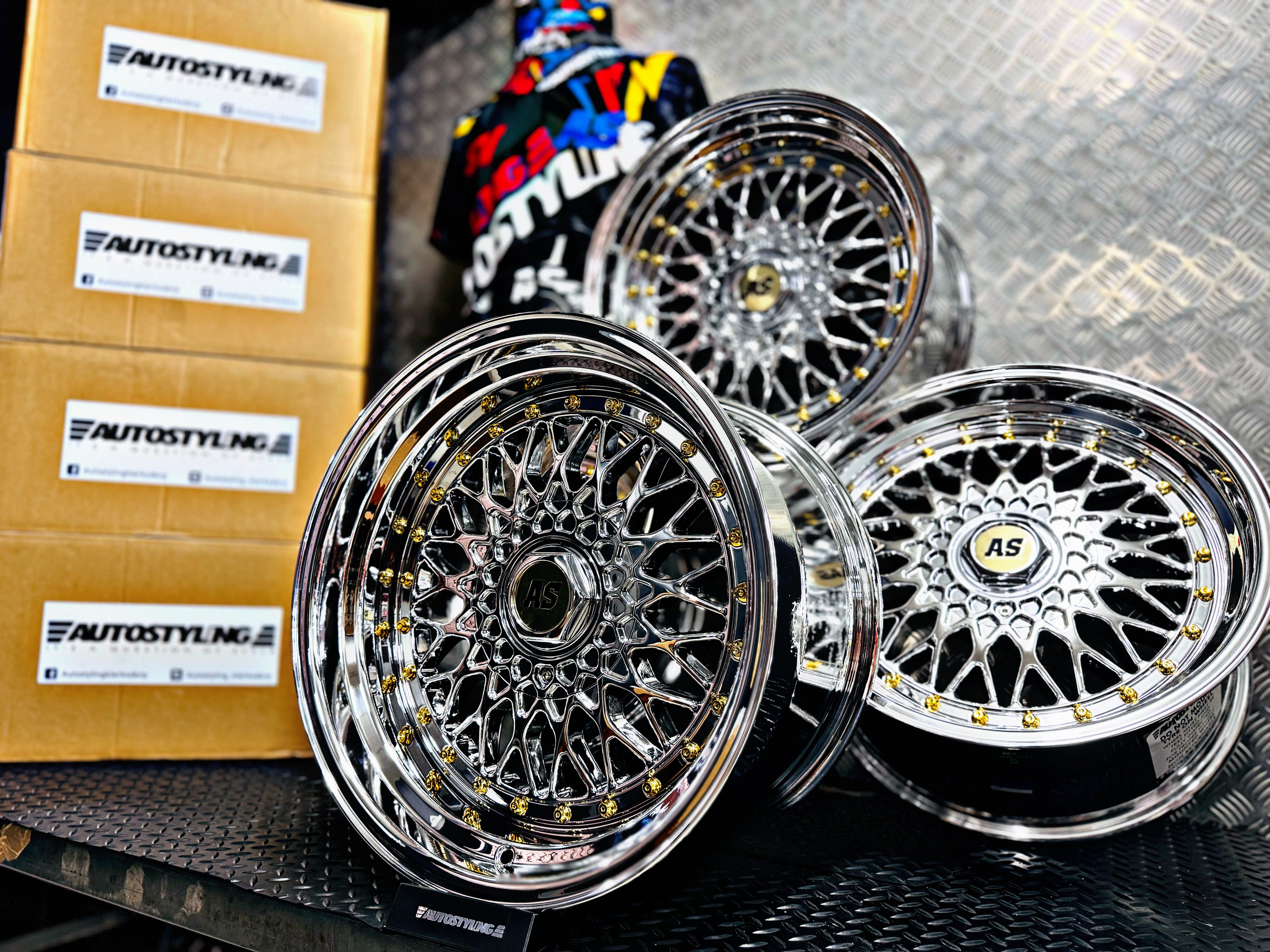 17” AS® Mesh chrome 4x100 & 5x100 10j rear GOLD STUDS