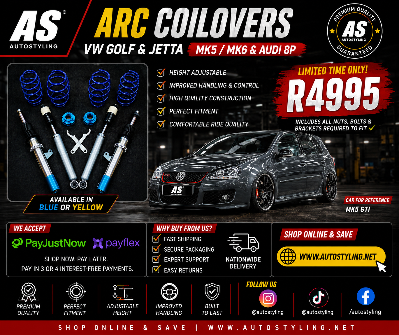 ARC COILOVERS VW GOLF & JETTA MK5 / MK6 & AUDI 8p  BLUE or yellow - Autostyling Klerksdorp