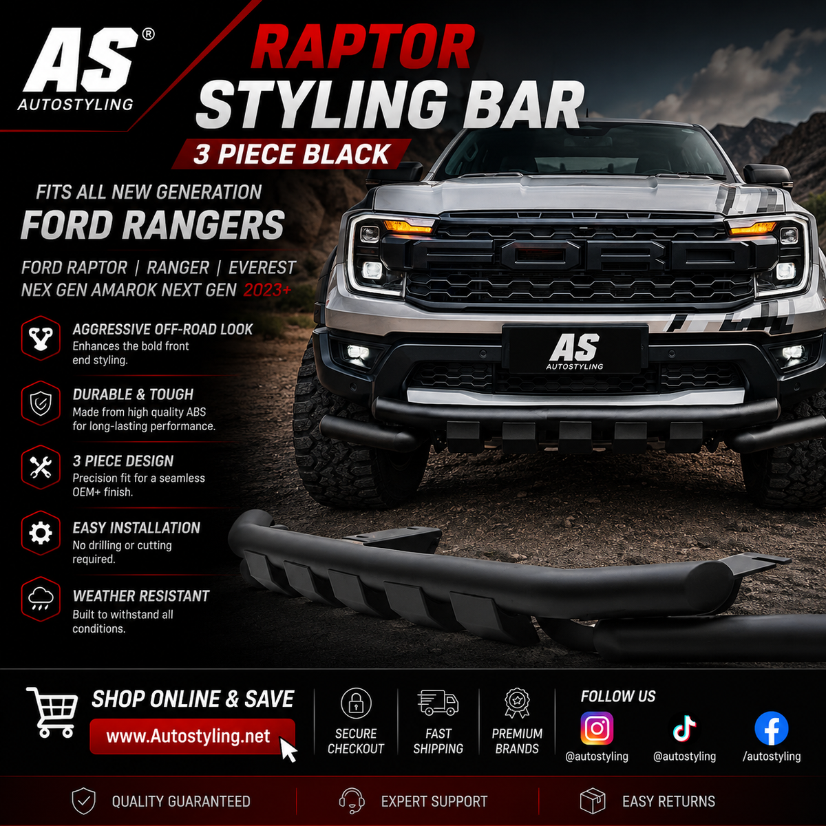 FORD RAPTOR RANGER/ EVEREST  NEX NEX GEN AMAROK NEXT GEN 2023 STYLING BAR 3 PIECE BLACK FITS ALL NEW GENERATION FORD RANGERS - Autostyling Klerksdorp