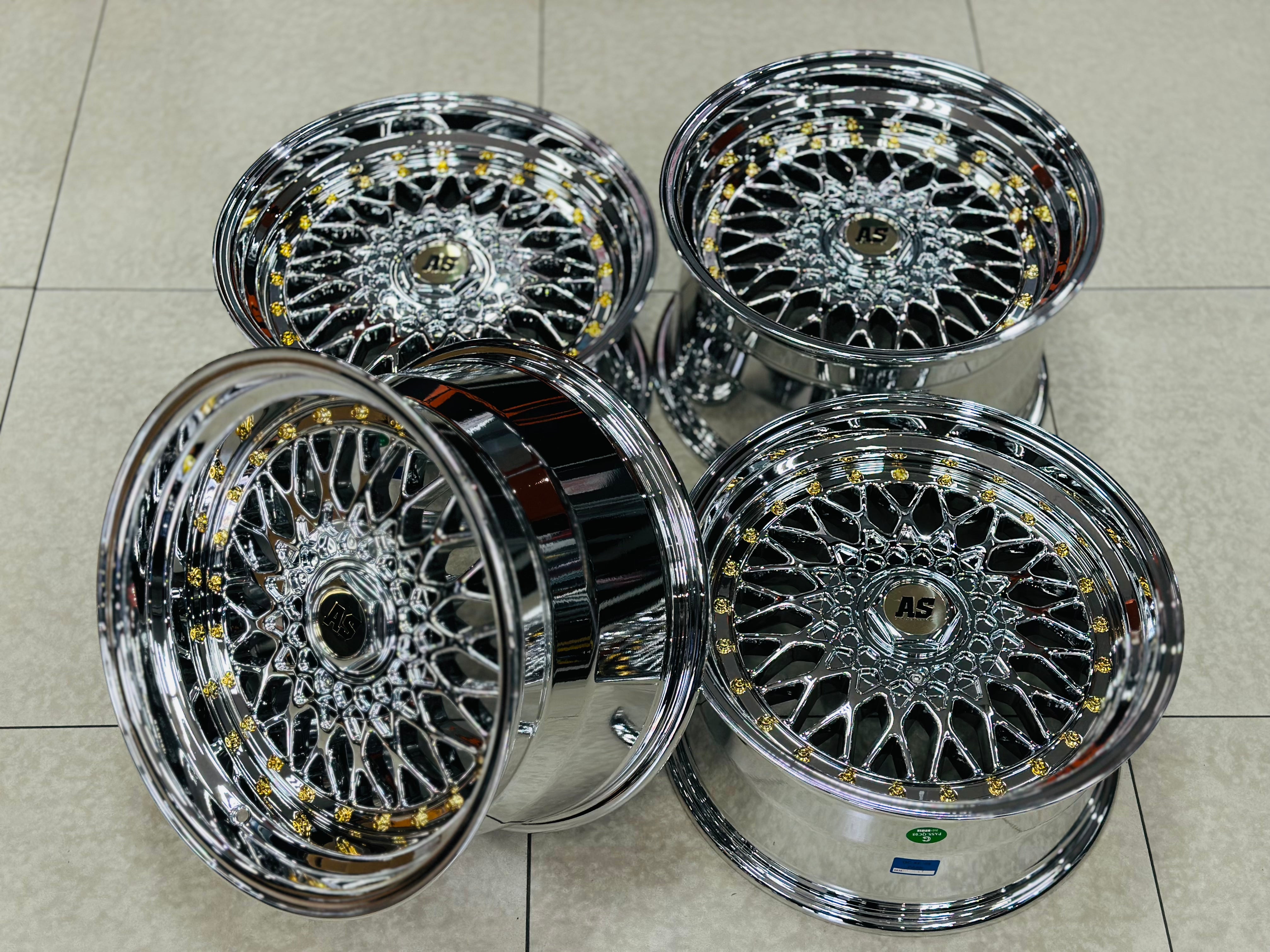 17” AS® Mesh chrome 4x100 & 5x100 10j rear GOLD STUDS