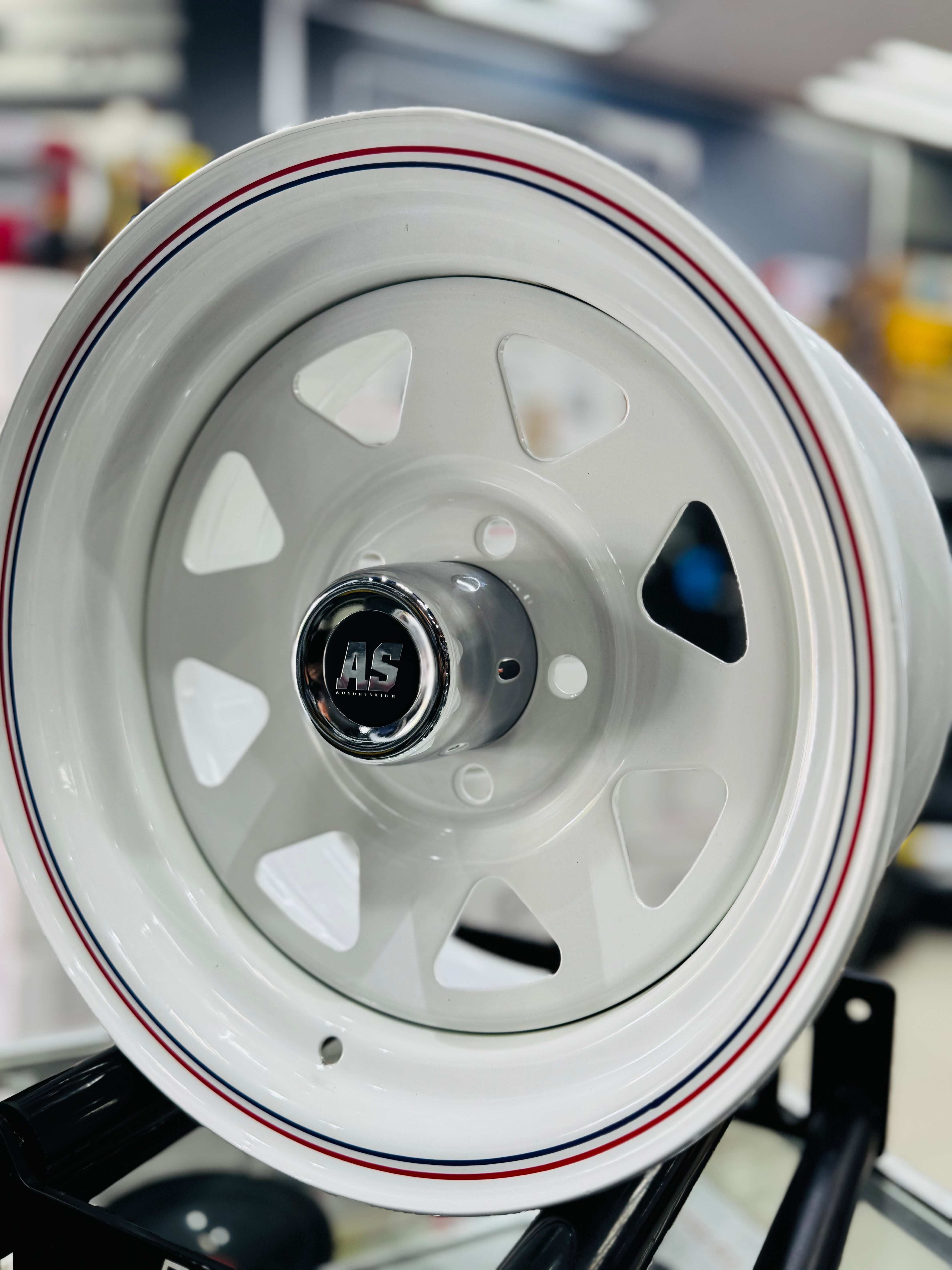 14” A-LINE 8 SPOKE WHITE RED/ BLUE STRIPE 5/114 for 7 seaters