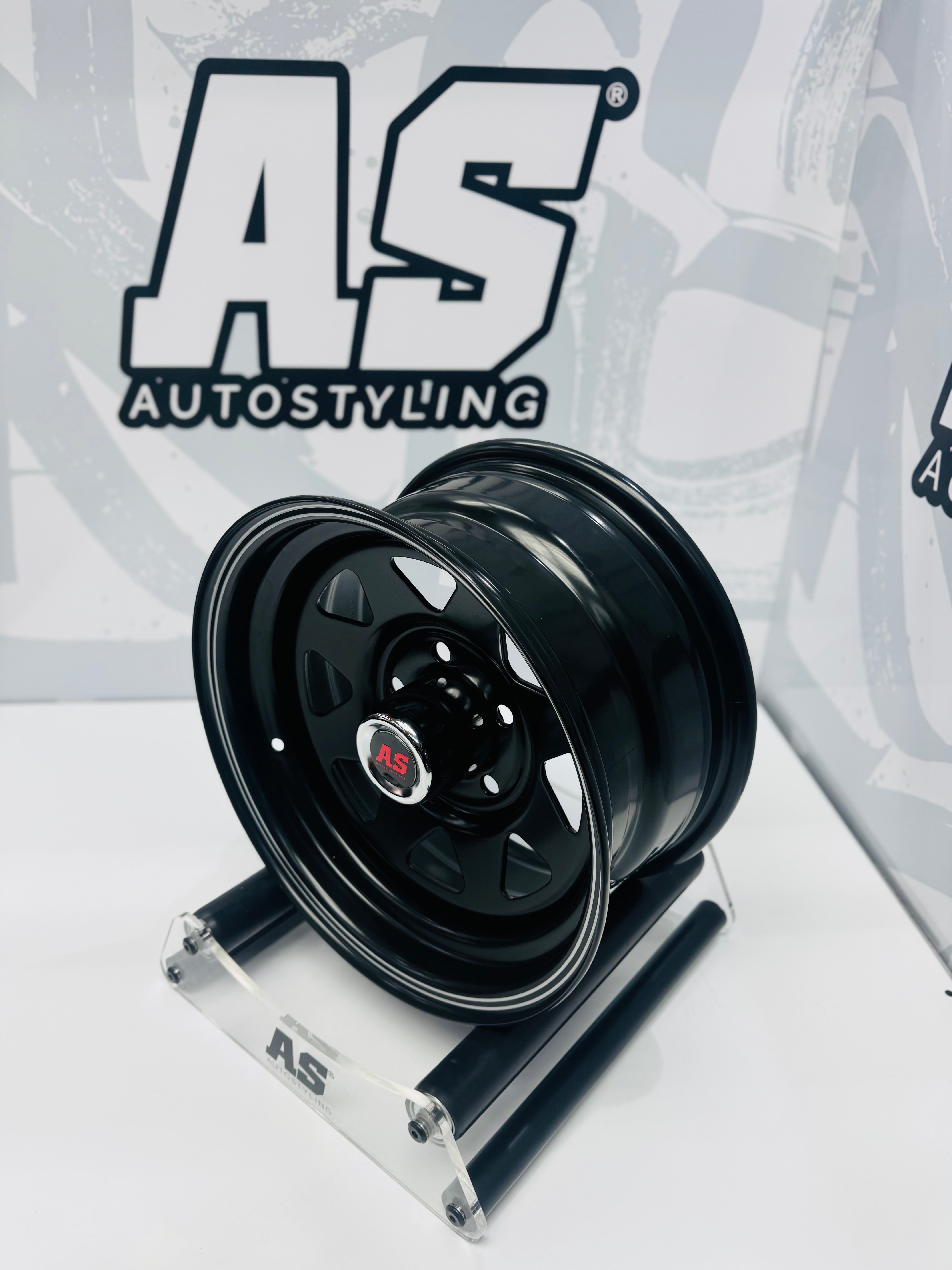 14” A-LINE 8 SPOKE BLACK SILVER STRIPE 5/114 ( 7 seaters )