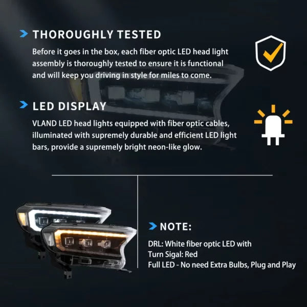 Ford Ranger VLAND Headlights Tri-Projector style 2016+ to 2022