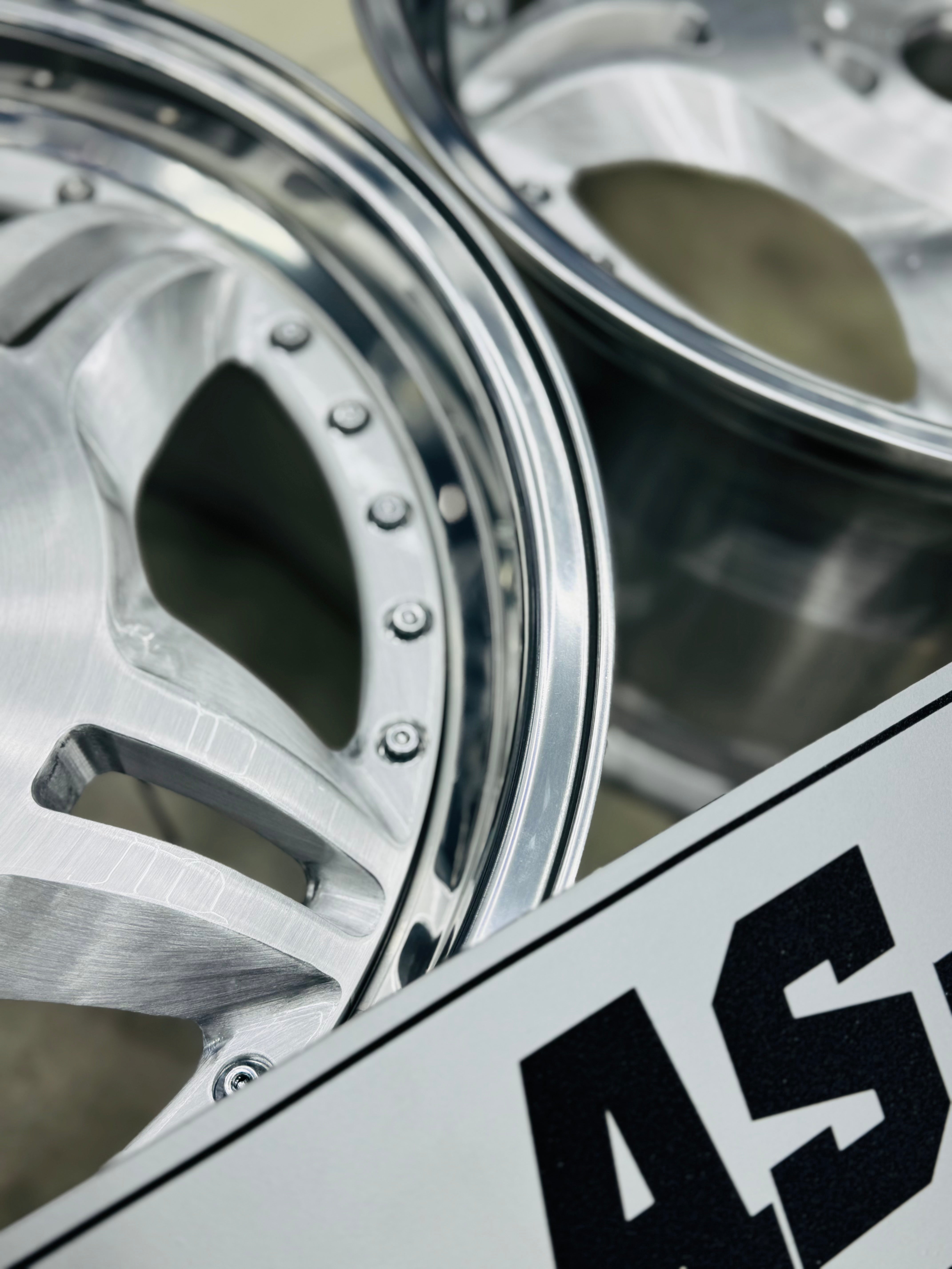 18 ” E36 M3 MOTORSPORT GERMAN SPEC FORGED2PCE SPLIT  RIMS SILVER NARROW WIDES WITH HIGH POLISH MIRROR LIPS