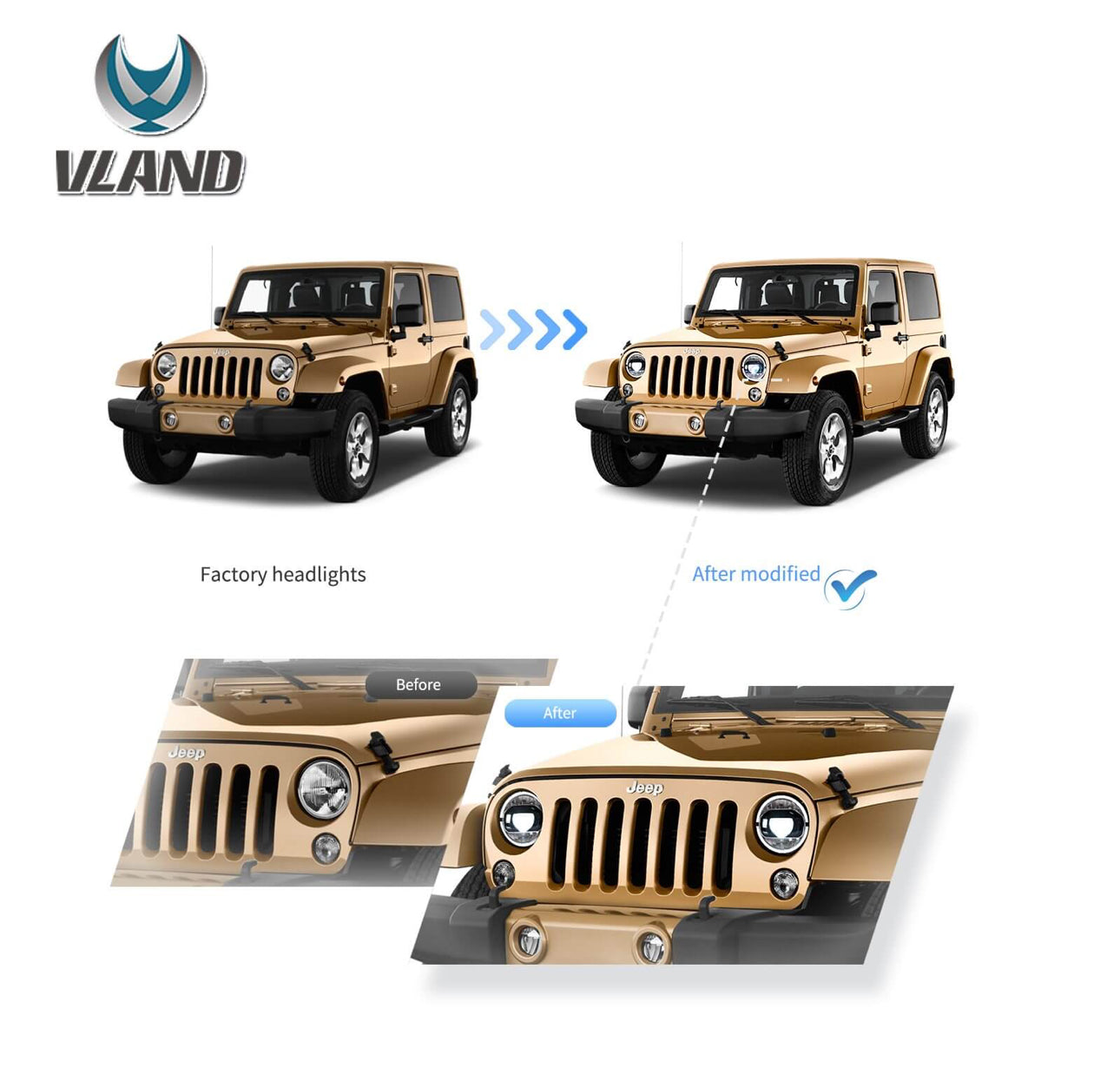 VLAND 7 Inches LED Projector Headlights for Jeep Wrangler 2007-2017 (DRL Integrated w/ Turn Signals)