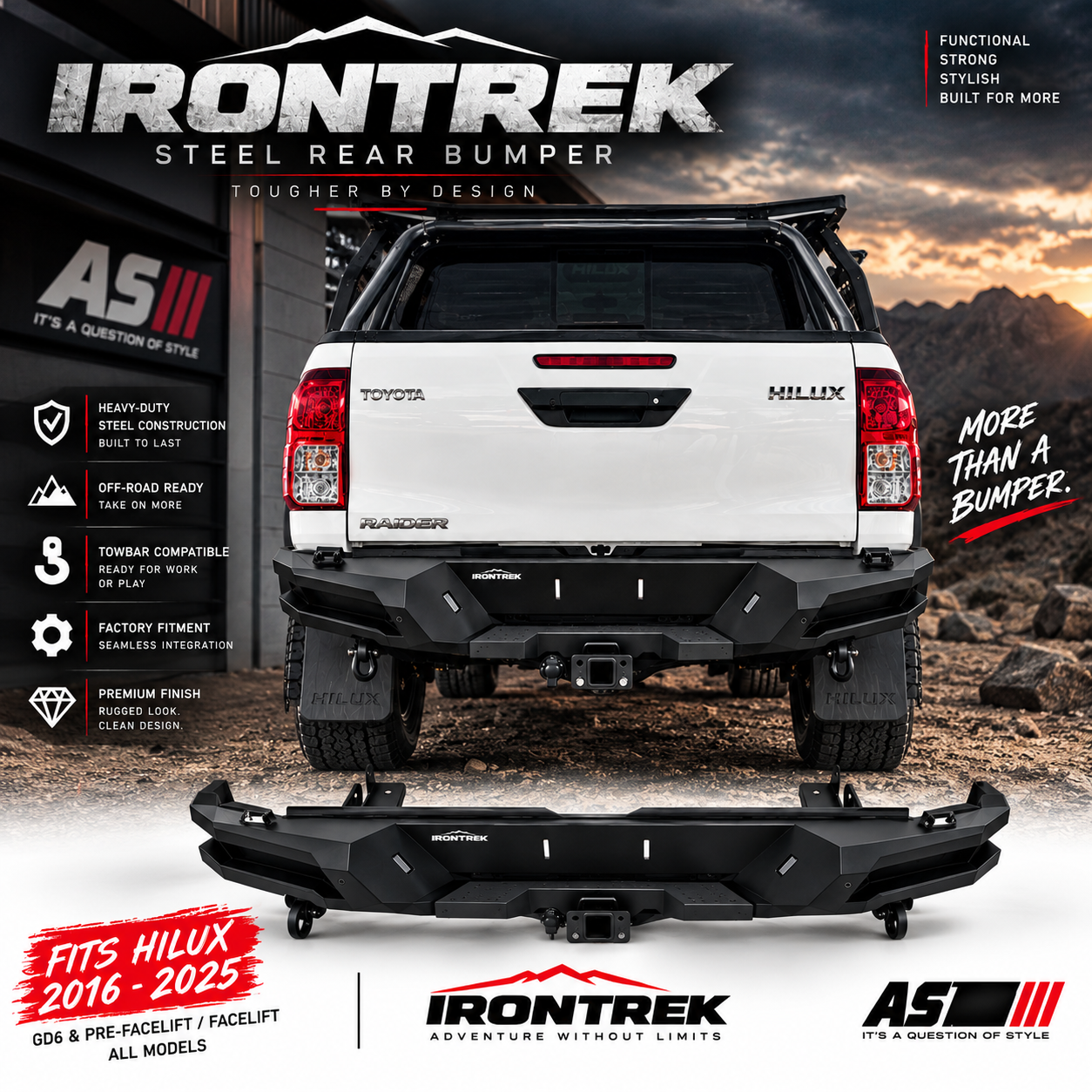 TOYOTA HILUX 2016-2025 IRONTREK STEEL REAR BUMPER TYPE B - Autostyling Klerksdorp