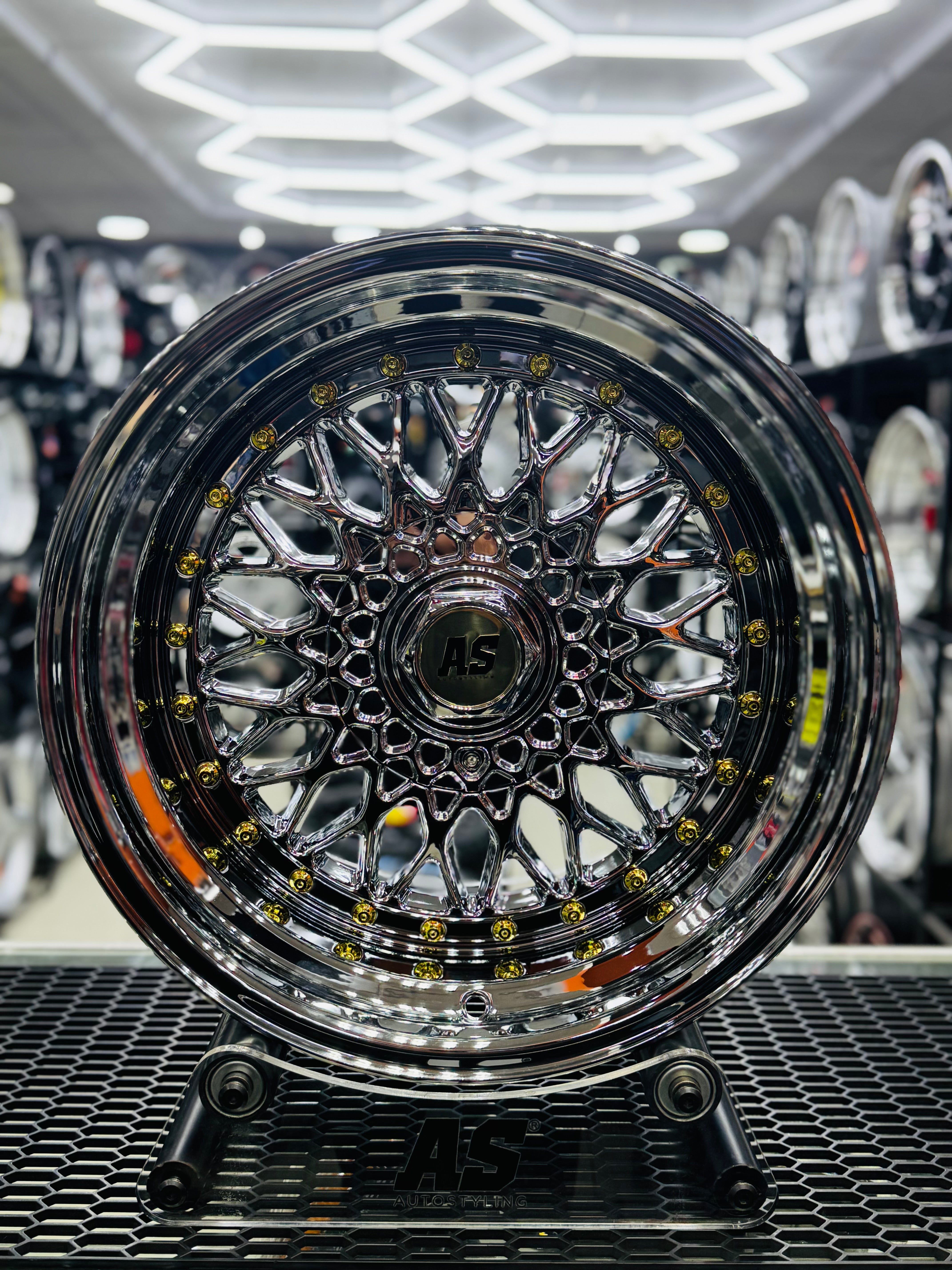 17” AS® Mesh chrome 4x100 & 5x100 10j rear GOLD STUDS - Autostyling Klerksdorp