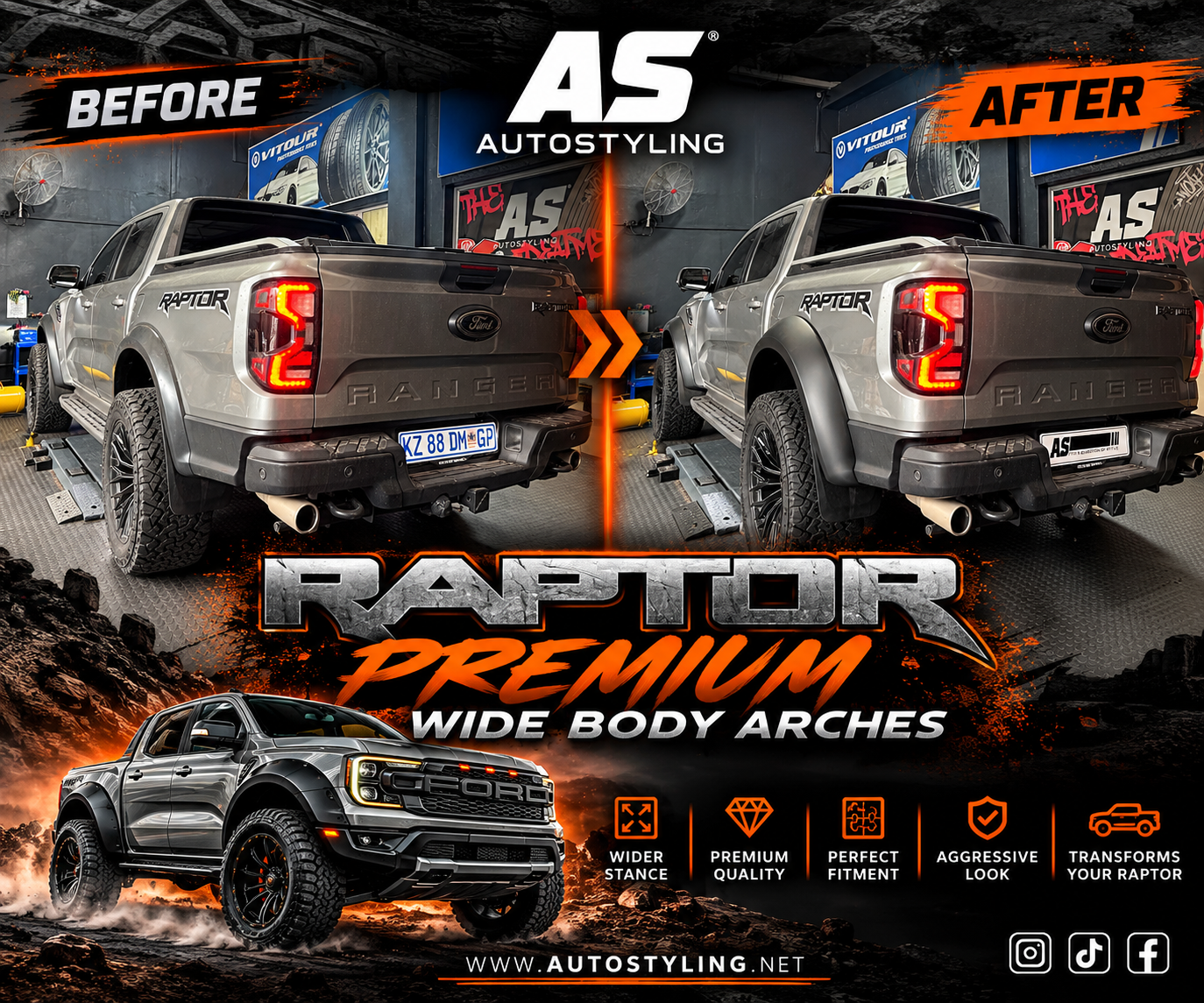 A-GRADE PREMIUM RAPTOR WIDE BODY  KIT (50mm wider ) - OE COLOR (2022+ FORD RANGER RAPTOR) - Autostyling Klerksdorp