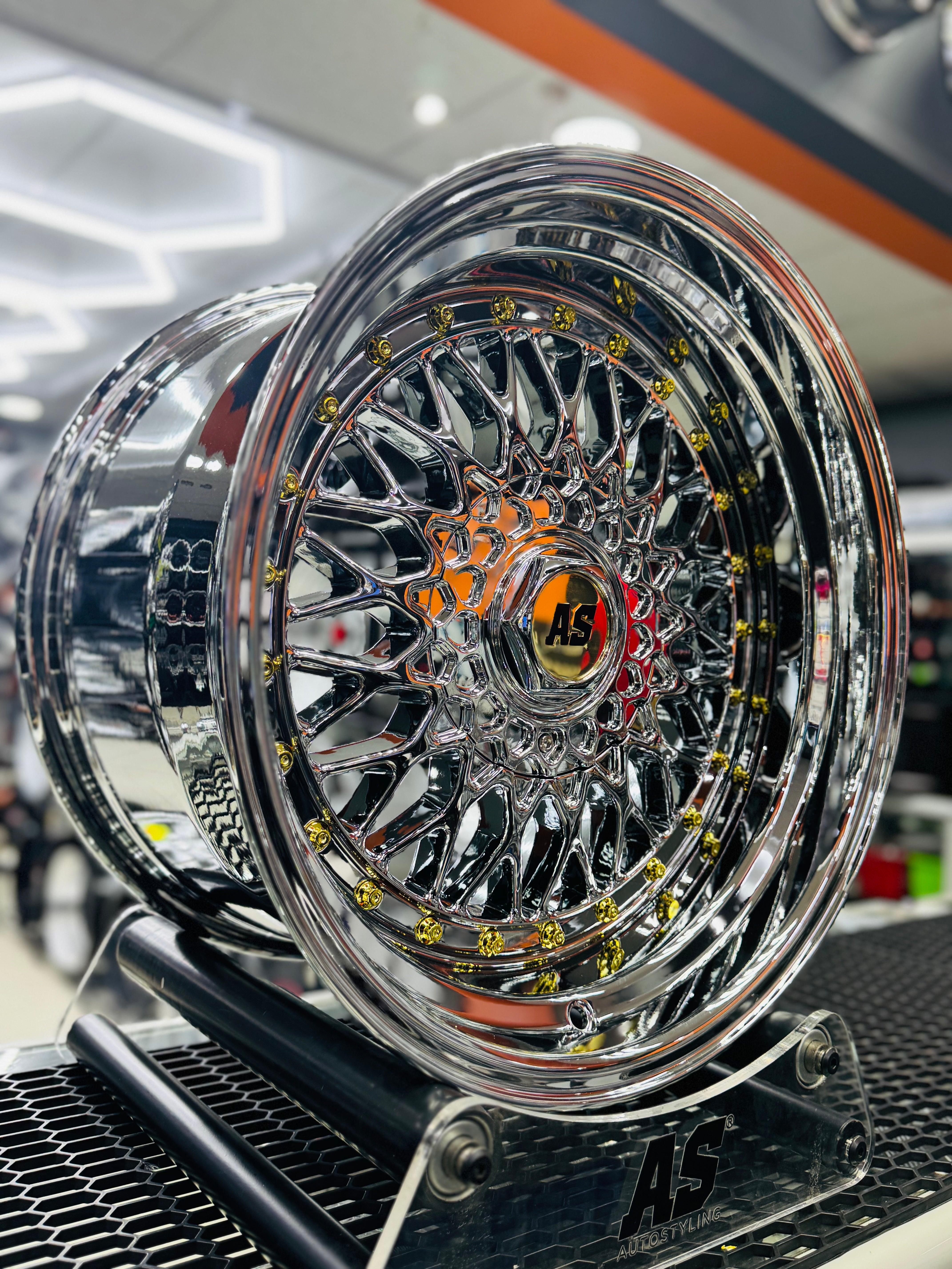 17” AS® Mesh chrome 4x100 & 5x100 10j rear GOLD STUDS - Autostyling Klerksdorp