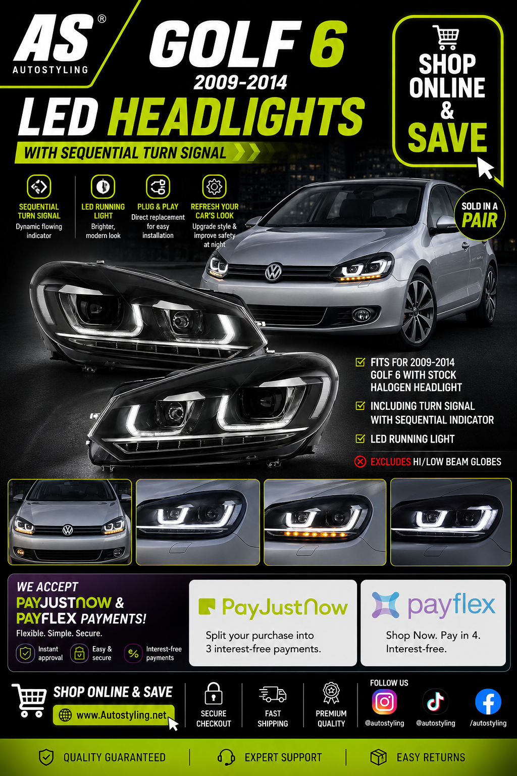 VLAND VW Golf Mk6 2009-2014 Dual Beam Projector Aftermarket Headlights With Demon Eyes Black non gti
