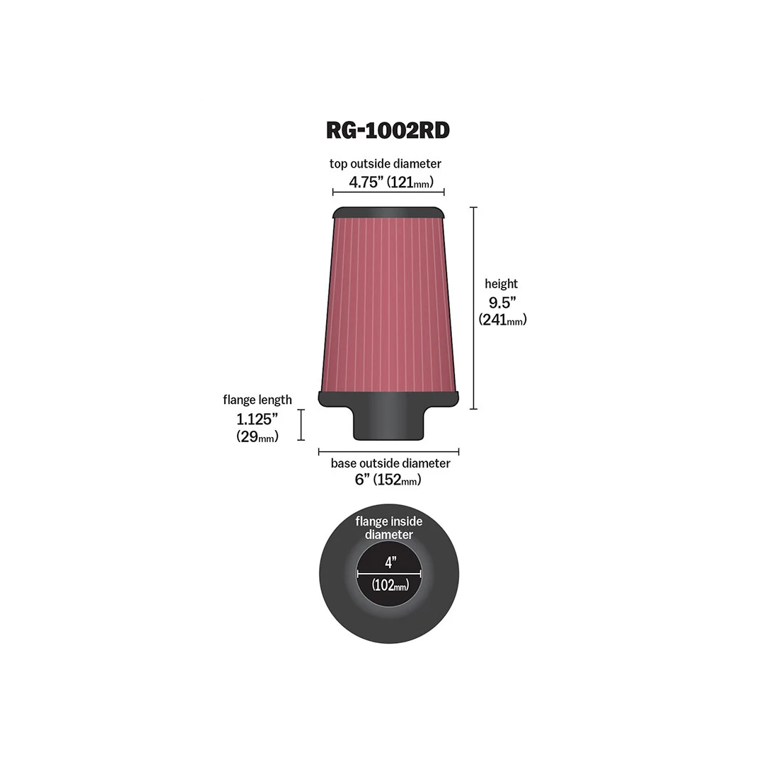 ORIGINAL  K&N RG-1002 240mm high Performance Cone Air Filter (76mm/90mm/100mm)