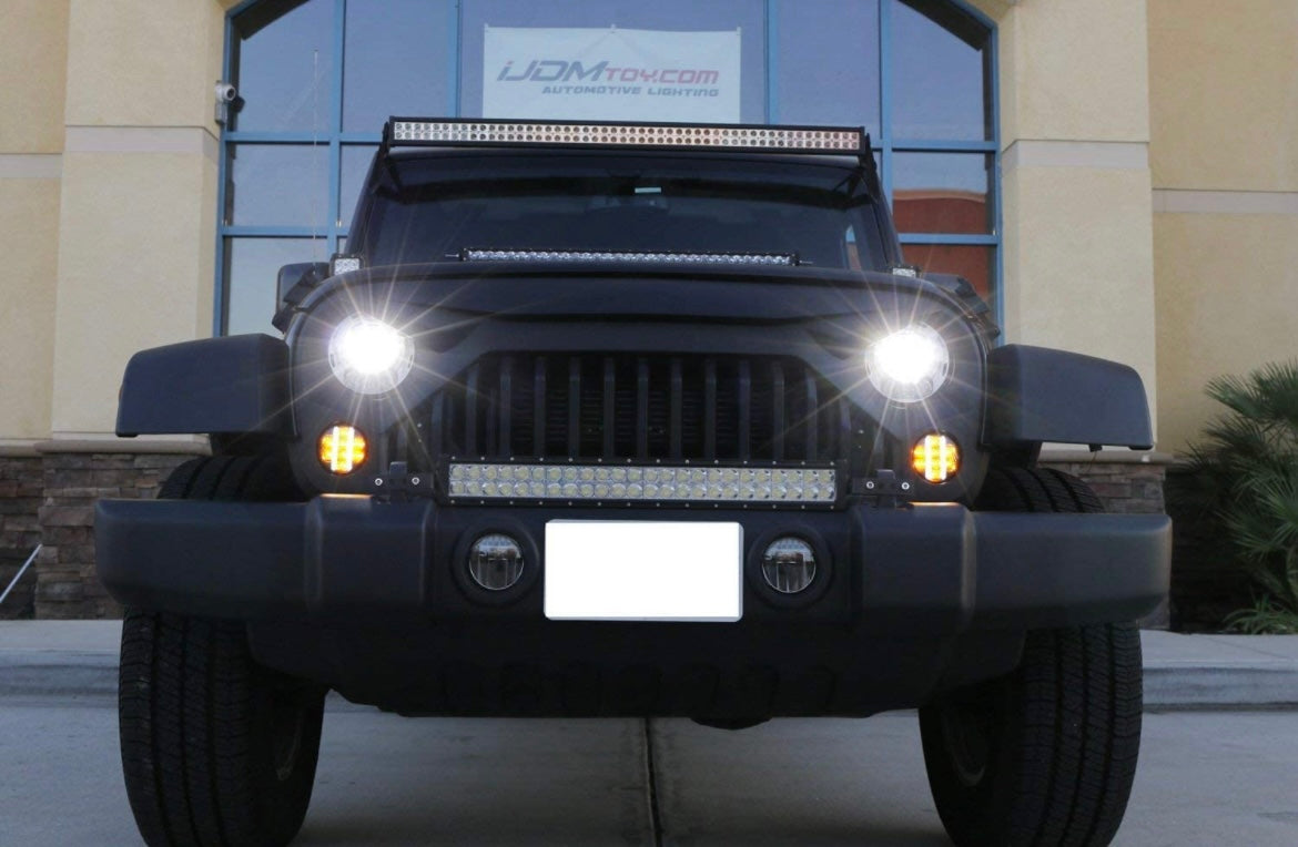 iJDMTOY (2) Smoked Lens LED Front Turn Signal Lamp Assembly Compatible With Jeep 2007-17 Wrangler (White LED Vertical Bars For Driving/DRL & Amber LED Dots For Turn Signal Lights)